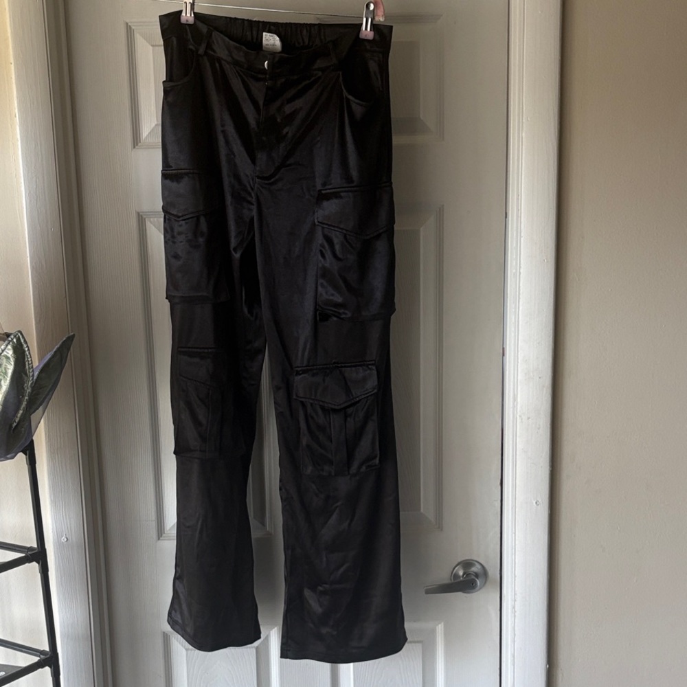 Black Satin Cargo Pants